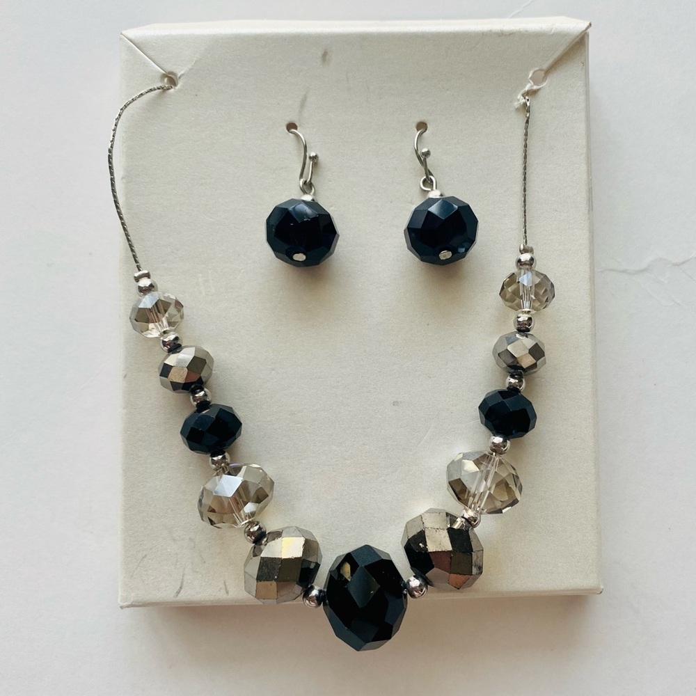Black, Clear, And Silver Beaded Necklace and Earring Set